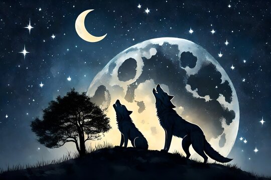 A sky full of stars and a wolf howling wirg moon background
