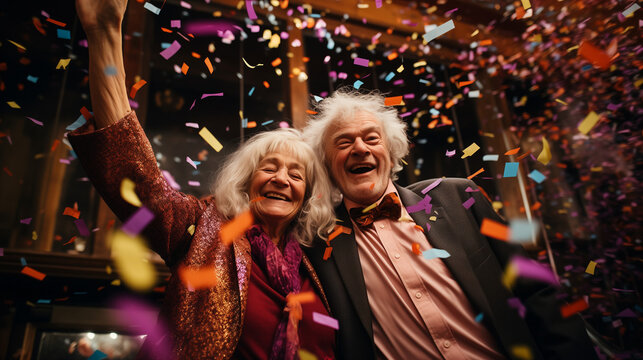 Group of old people having fun and enjoying New Year night together celebrating with sparklers and funny accessories - happy lifestyle.   Elderly people lifestyle and holidays concept. Generative AI. 