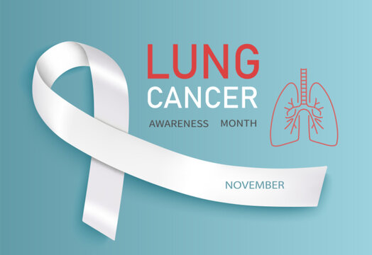 A banner with a realistic white ribbon for lung cancer awareness. Design template for infographic magazines or websites on a blue background.