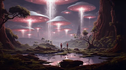 Zelfklevend Fotobehang large mushroom-like extra terrestrial creatures hovering above a landscape © Victoria Sharratt