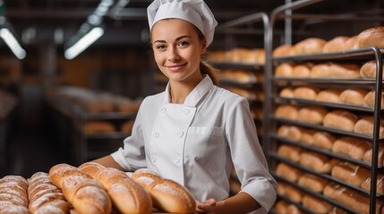 Worker woman baker in chef uniform hold freshly baked bread.