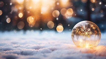 A glass Christmas bauble lies on the snow. Background blurred. Ai generative. - obrazy, fototapety, plakaty
