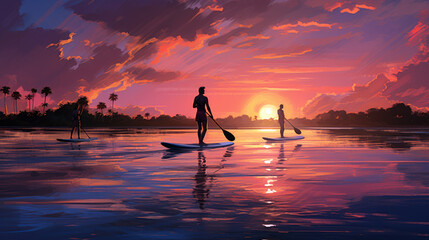 silhouette of a paddle boarders on the water at sunset - obrazy, fototapety, plakaty