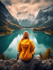 A tourist in a yellow jacket stands at a viewpoint. View of a turquoise mountain lake. Ai generative.