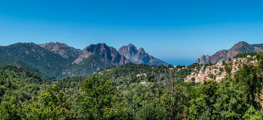 Landscape with Evisa, mountain village in the Corse-du-Sud department of Corsica island, France