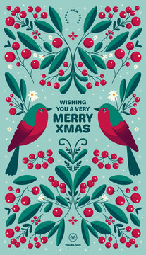 Christmas Greeting Card and Poster: Festive Birds and Berries on Teal Background with Red Accents and Merry Xmas text
