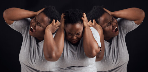 Schizophrenia, fear and black woman on a studio background for mental health problem. Bipolar,...