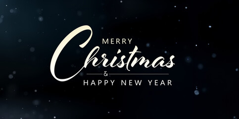 Christmas card with greetings on empty snowy blue background. Merry Xmas. Happy New Year greetings