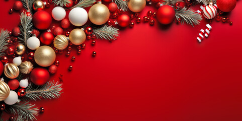 Christmas background with tree branches and Xmas baubles on red surface. Merry christmas card. Happy New Year. Generative Ai - obrazy, fototapety, plakaty
