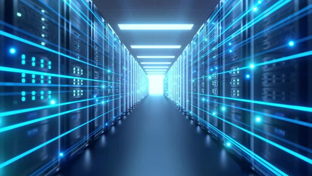 Server room, the camera moves out with a high-speed internet line that has a lot of data running at high speed