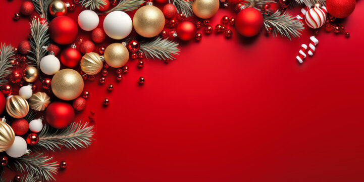 Christmas background with tree branches and Xmas baubles on red surface. Merry christmas card. Happy New Year. Generative Ai