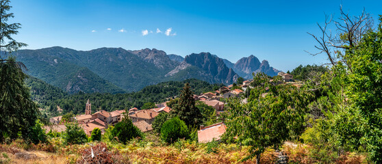 Landscape with Evisa, mountain village in the Corse-du-Sud department of Corsica island, France - 672172676