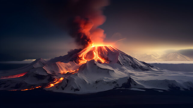 un volcan en &eacute;ruption et son panache de fum&eacute;e