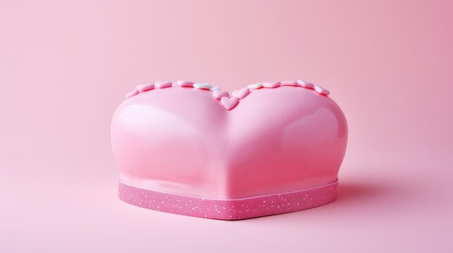 Pink heart shape cake on pink marble background. Valentine day.