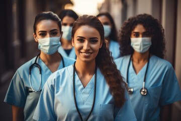 Group of smiling proud middle eastern doctors with masks standing at hospital. - obrazy, fototapety, plakaty