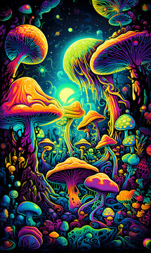 illustration fluorescente représentant des champignons magique et la prise de drogue psychédélique