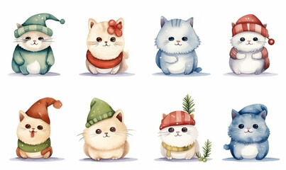 Set of cute Christmas cats in scarves and winter hats isolated. Collection of icon kittens in winter clothes. Cartoon aquarel animal faces for greeting card or stickers. Domestic trendy pet.