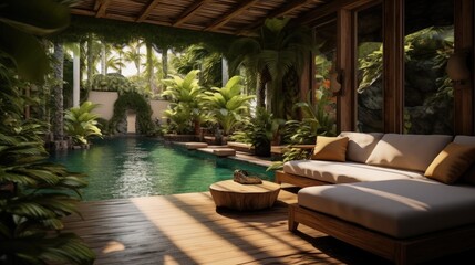 Small private swimming pool at villa in jungle, Green tropical plants around.