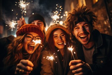group of people at new years party with sparklers