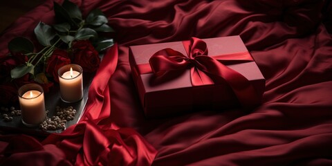red gift box with ribbon on silky sheets. Romantic gift - obrazy, fototapety, plakaty