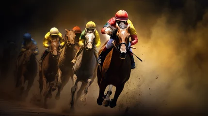 Fotobehang a group of horses and jockeys are racing © Kien