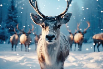 Reindeer, Rudolph with snow in winter landscape. - obrazy, fototapety, plakaty