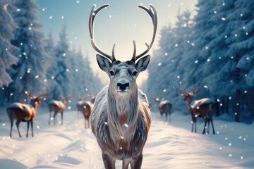 Reindeer, Rudolph with snow in winter landscape. - obrazy, fototapety, plakaty