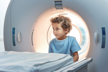 Kid taking magnetic resonance MRI exam at hospital. Generative Ai - 672174695