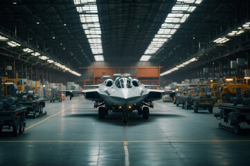 An invented military aircraft sits in a hangar for maintenance. - obrazy, fototapety, plakaty