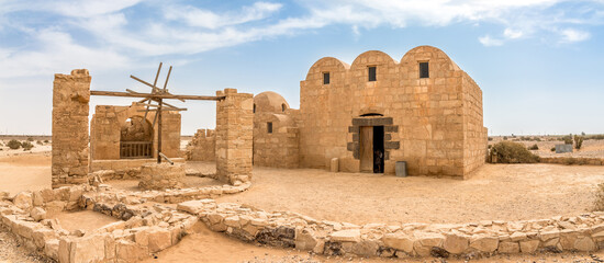 Panoramic view at the Desert castle Amra in estern Jordan near Saudi Arabia - 672174847