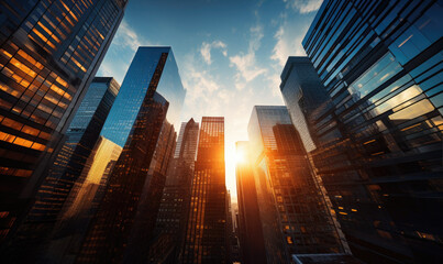 Fototapeta na wymiar Skyscrapers in futuristic city with sunrise.