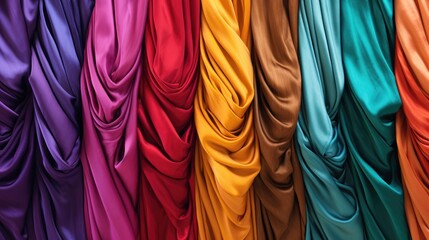 Lots of colorful fabrics, abstract background. Manufacture of wearing apparel