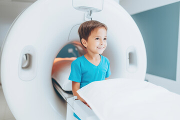 Kid taking magnetic resonance MRI exam at hospital. Generative Ai - 672175236