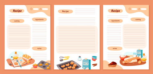 Recipe cards and meal planner. Template cookbook sheets for recipe, notes on cooking and ingredients. Vector cartoon illustration - obrazy, fototapety, plakaty