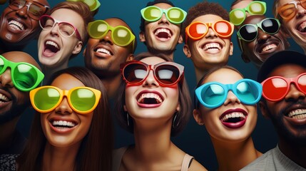 Group of smiling people in colored glasses looking up