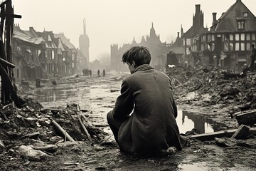 Poor society in post-war reality. Economic crisis. Documentary photos. Generative AI - obrazy, fototapety, plakaty
