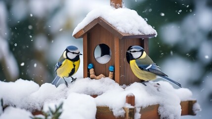 Naklejka premium Great tit, Parus major, and Eurasian blue tit, Cyanistes caeruleus, are two lovely tiny garden birds.