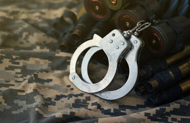 Ukrainian army machine gun belt shells and handcuffs on military uniform. Concept of bribery and...