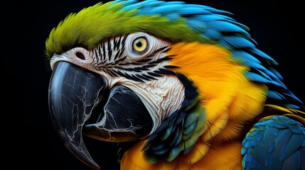 Captive blue and yellow macaw (Ara ararauna), portrait of an animal - obrazy, fototapety, plakaty