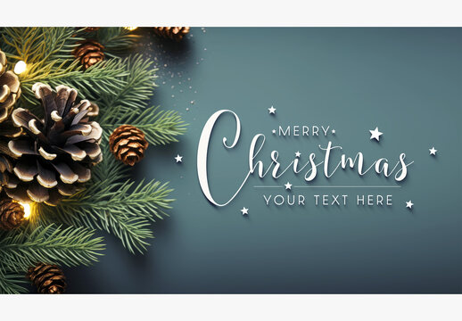 Christmas Card With Tree Branches, Pine cones and Lights Mockup. Generative Ai 