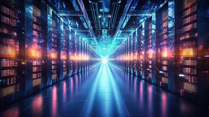 Data Center Server Room. Network Communication, Colorful Neon Server Racks, and Telecommunication Equipment. Ai generative