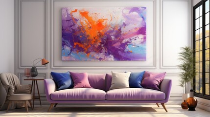 Purple paint explodes in a home of vibrant dance of creativity and joy. Generative AI