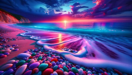 Sunset over colorful pebbled beach with dramatic sky and waves.Generative AI - obrazy, fototapety, plakaty