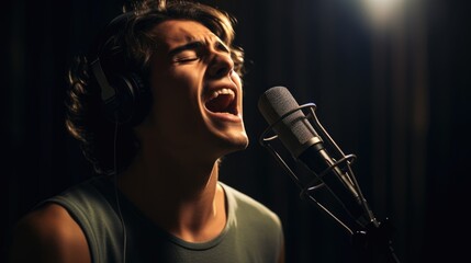 Man singing into a microphone in a vocal studio