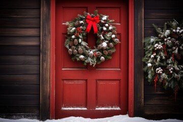 A rustic wooden door adorned with a simple, yet elegant Christmas wreath, symbolizing the warmth and joy of the holiday season