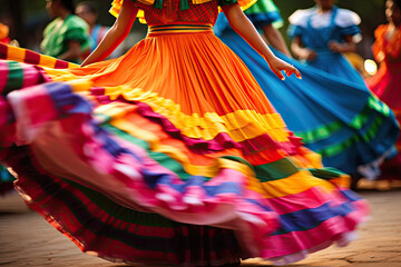 Dancers with Colorful skirts fly during traditional Mexican dancing