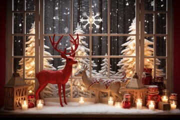 A Charming Window Adorned with Festive Holiday Decals, Featuring Snowflakes, Santa Claus, Reindeer, and Christmas Trees, Illuminated by Warm Indoor Lights