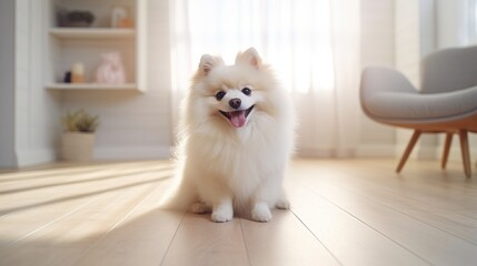 Adorable fluffy puppy relaxing alone at home, staring at the camera while seated on the wooden floor in a bright, modern room with a hazy background.