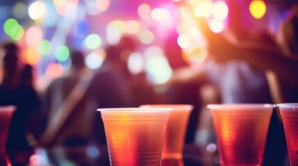Plastic cups with beer. Blurred background with a party. House party - obrazy, fototapety, plakaty