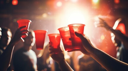 Plastic cups with beer. Blurred background with a party. House party